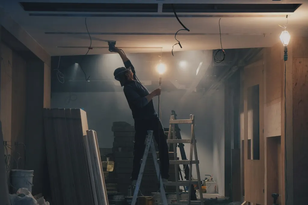 Construction worker standing on a ladder while finishing an interior ceiling