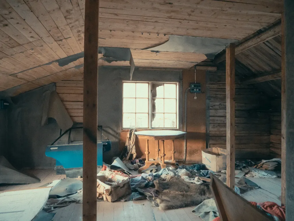 Damaged attic with debris and exposed wooden framing during restoration work