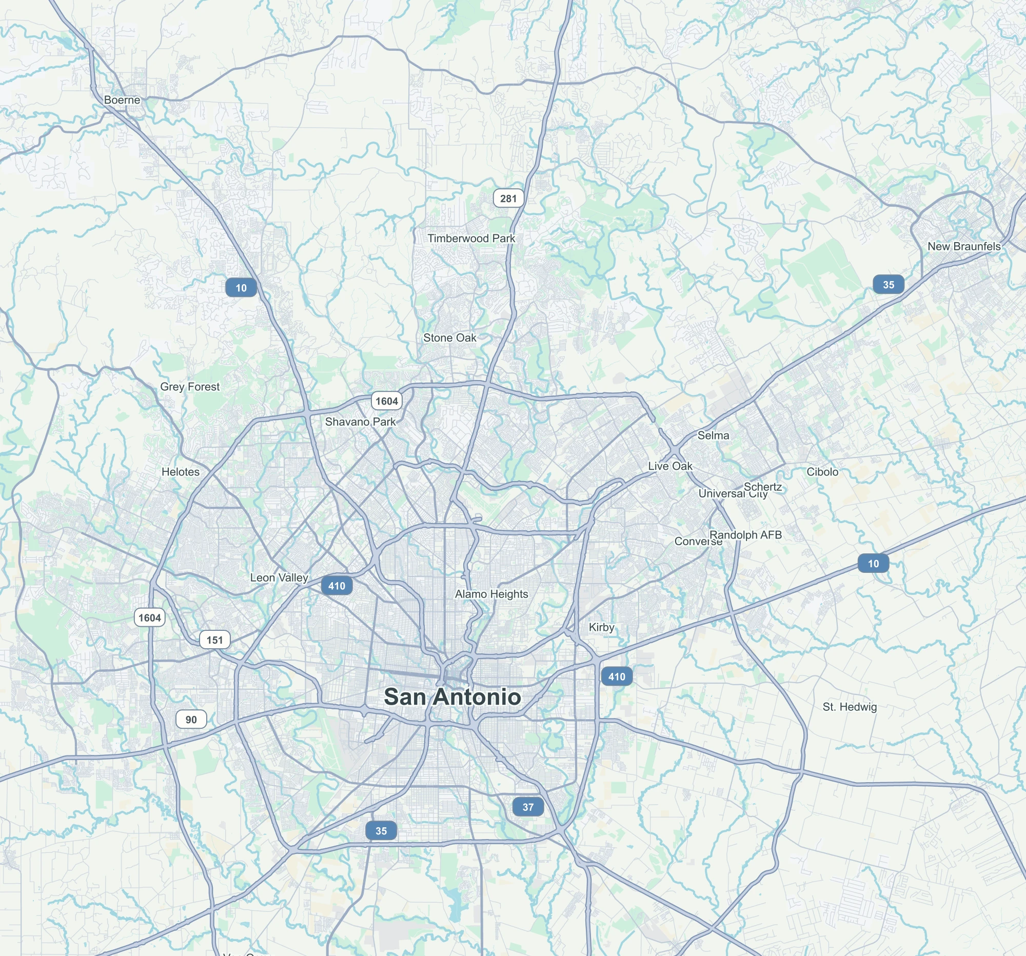 Geographic map of San Antonio, with real street layouts, Loop 410, Loop 1604, interstate highways, parks and surrounding communities.